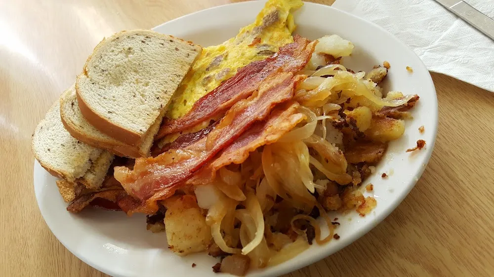 Sausage and Cheese Omelette with Onions and Side of Scrapple
